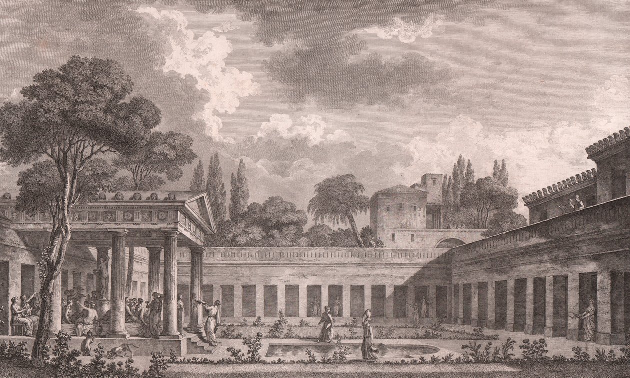 Ideální rekonstrukce Diomedovy vily v Pompejích do původního stavu před erupcí sopky Vesuv v roce 79 n. l., Kampánie, Itálie, lept podle kresby Louis Jean Desprez (1743-1804), cca 21x34 cm od Louis Jean (after) Desprez