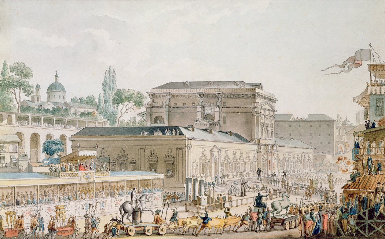 Starožitnosti nalezené v Herculaneu byly převezeny do neapolského muzea, kolem roku 1782 (pero, inkoust a wc na papíře) od Louis Jean Desprez