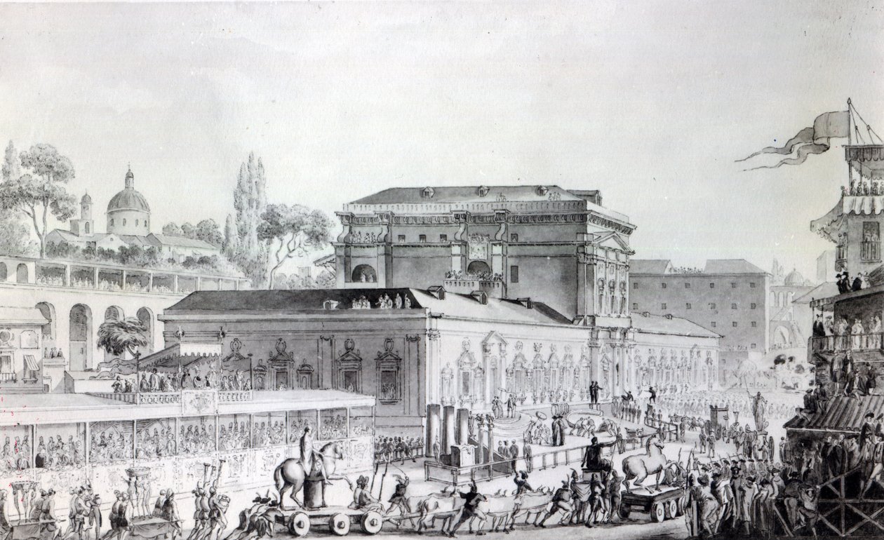 Starožitnosti nalezené v Herculaneu byly převezeny do Neapolského muzea, kolem roku 1782 (pero, inkoust a akvarel na papíře) od Louis Jean Desprez