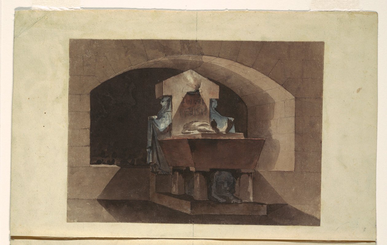 Kresba, Hrob v egyptském stylu s kariatidami a lvem, asi 1779-84 od Louis Jean Desprez