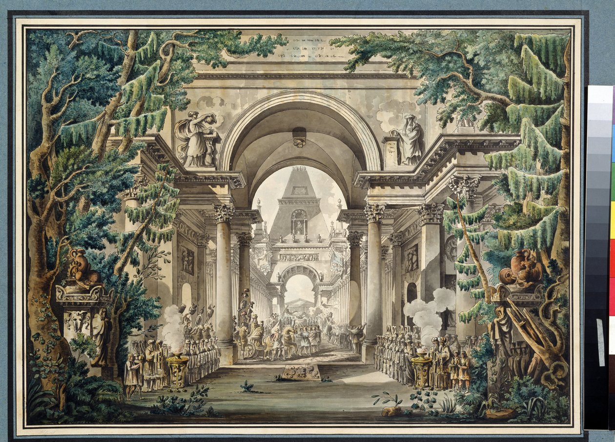 ""La procession au temple"" (Průvod v chrámu) Scénografie pro hru. Akvarel Louis Jean Desprez (1743-1804) Puškinovo muzeum, Moskva od Louis Jean Desprez