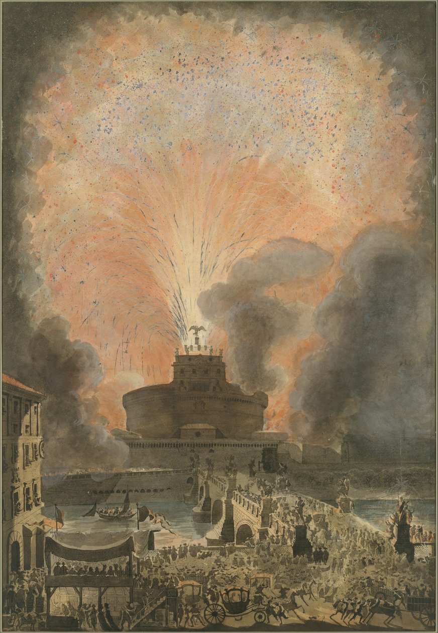 Girandola na Castel SantAngelo, kolem roku 1781 (lept s ručním kolorováním) od Louis Jean Desprez