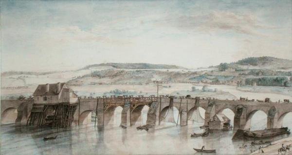 Dva mosty (Saint-Cloud a Sevres) (pero, inkoust a akvarel na papíře) od Louis Jean Desprez