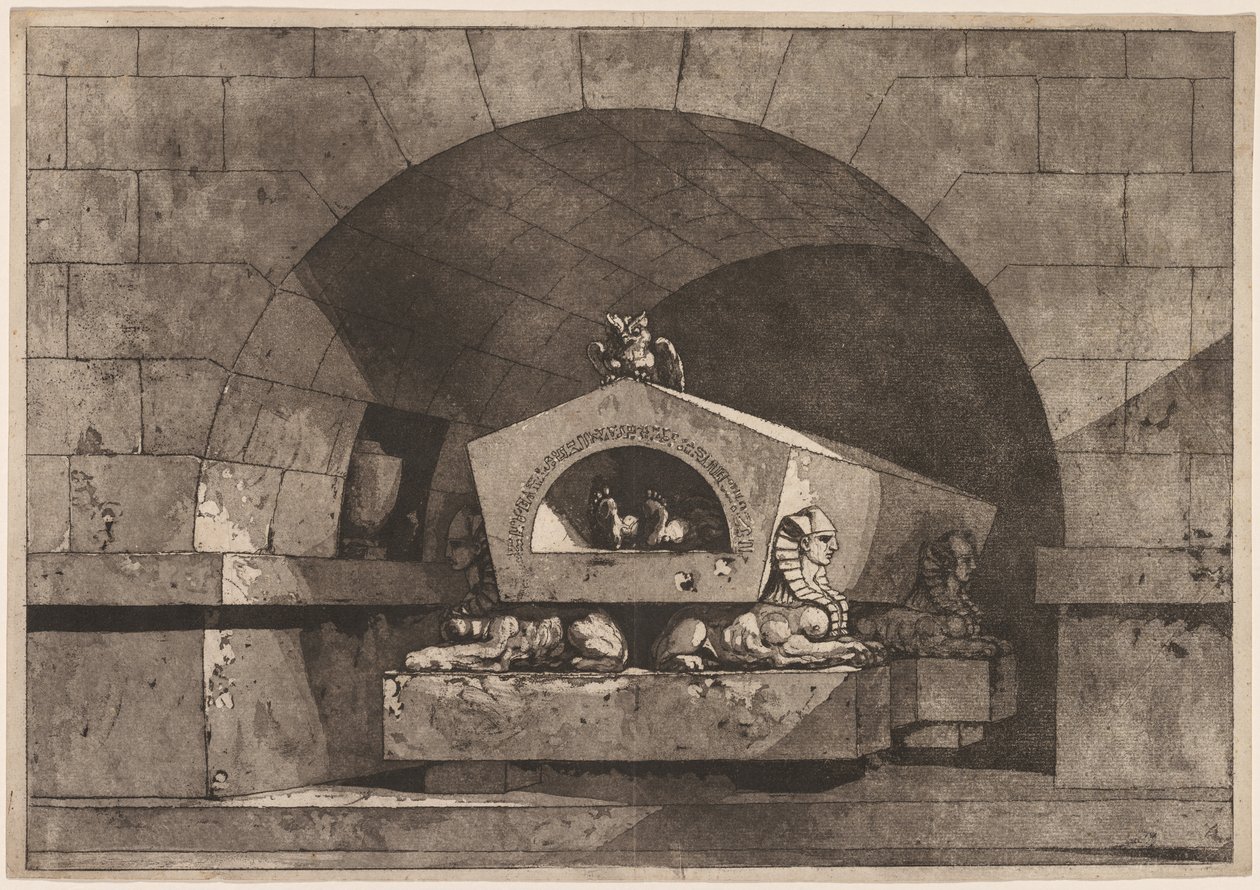 Hrobka se Sfingou: Pohřební pomník se sovou na sarkofágu podporovaný Sfingou, c. 1779-84. od Louis Jean Desprez
