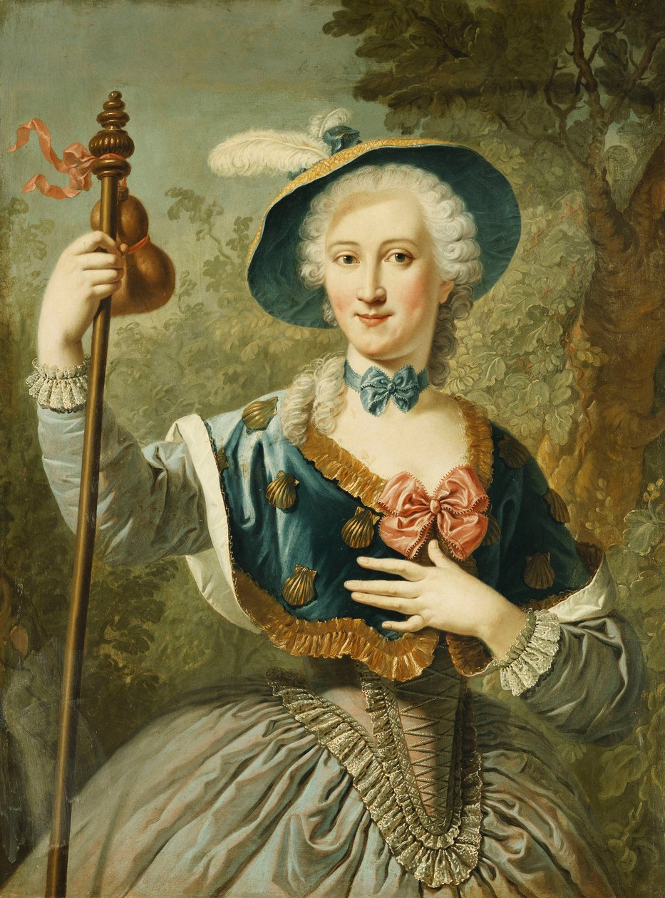 Portrét dámy, tříčtvrteční, oblečená jako poutnice a v modrém lemovaném slaměném klobouku a peří, 1747 od Louis Jean François Lagrenée