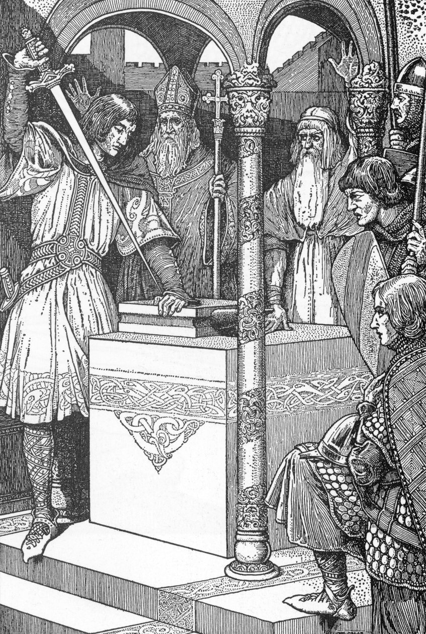 Arthur vytáhl meč Excalibur z kovadliny Ilustrace Louis Rhead (1858-1926) z „krále Artuše a jeho rytířů“ 1923 Soukromá sbírka od Louis John Rhead