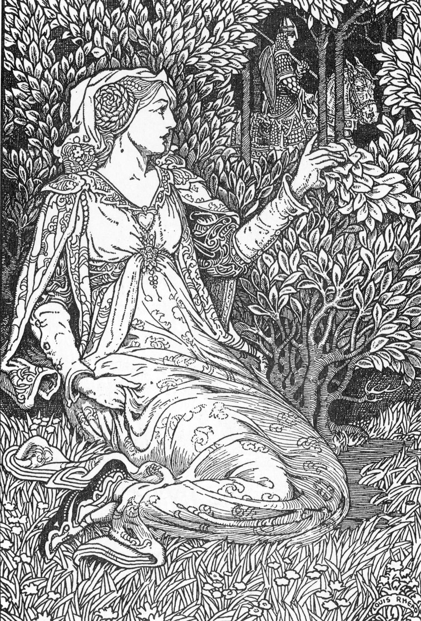 La belle Iseult (portrét Iseult (Isault)) Ilustrace Louis Rhead (1858-1926) z „Král Artuš a jeho rytíři““ 1923 Soukromá sbírka od Louis John Rhead