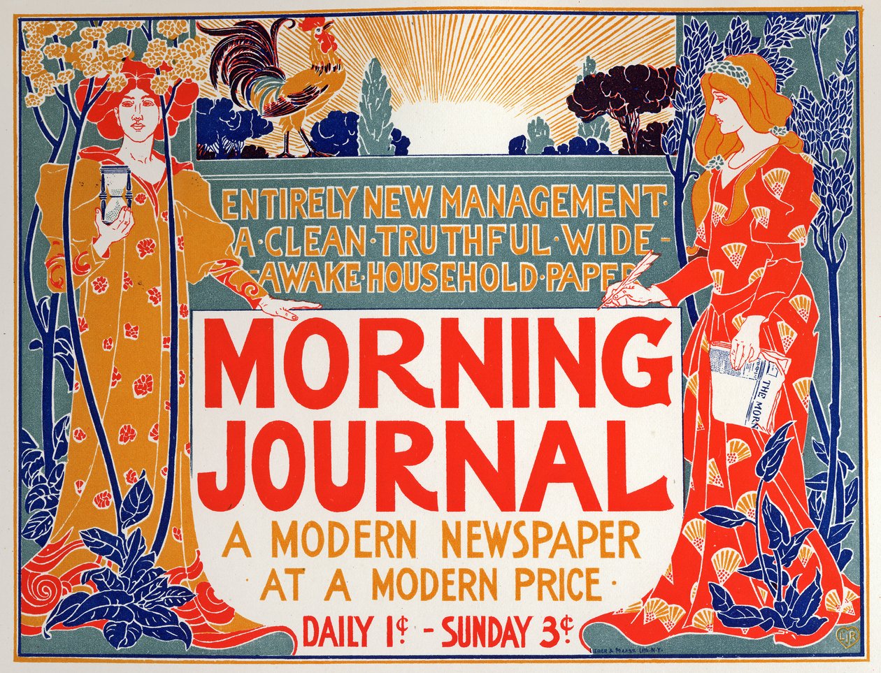 Literatura. Ranní deník, noviny. Plakát Louis Rhead, USA, kolem roku 1895 (plakát) od Louis John Rhead