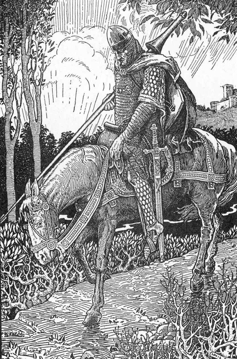 Mordred (Modred) zranění po bitvě u Camlannu proti svému otci král Artuš (Mordred zraněn po bitvě u Camlannu) Ilustrace Louis Rhead (1858-1926) z „Král Artuš a jeho rytíři“ 1923 Soukromá sbírka od Louis John Rhead