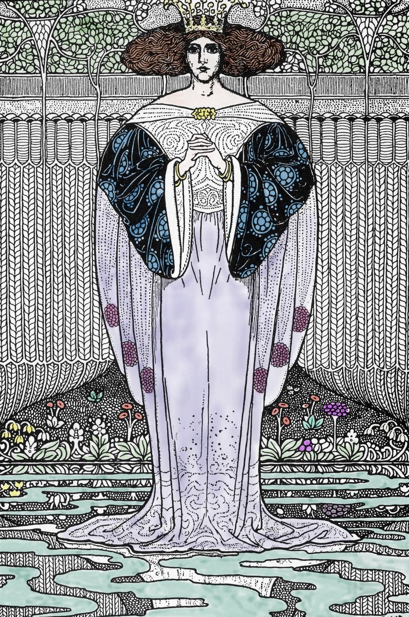 Znázornění Jezerní paní (Nimue, Viviane) Ilustrace Louis Rhead (1858-1926) pro „Král Artuš a jeho rytíři““ od Louis John Rhead