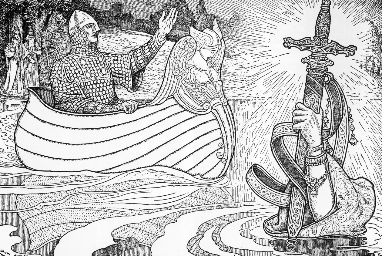 Znázornění Paní jezera (fee viviane), postava z artušovských legend, která králi Artušovi dává epee Excalibur (Arturská legenda: Paní jezera (Nimue, Viviane) dává králi Artušovi svůj meč Excalibur) Ilustrace Louis Rhead (1858 -1 od Louis John Rhead