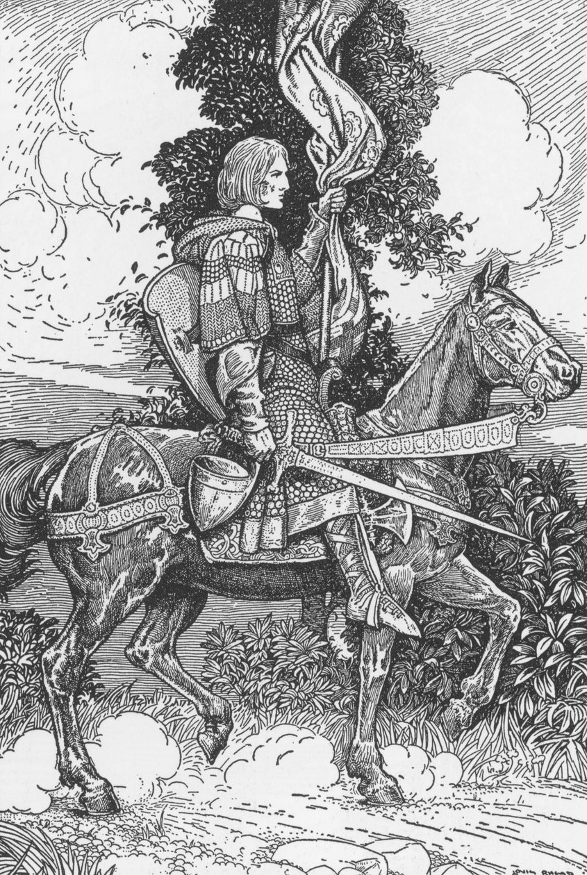 Sir Tristam jede na zámek Tintagil Ilustrace Louis Rhead (1858-1926) z „Král Artuš a jeho rytíři“ 1923 Soukromá sbírka od Louis John Rhead