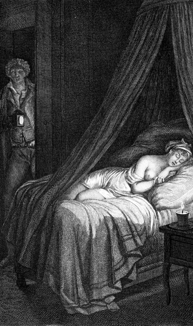 Nebezpečné odkazy Choderlose de Laclose (dopis 96). Valmont a Cecile de Volanges. Ilustrace vyryla Masquelier podle mademoiselle Gérard. od Louis Joseph I Masquelier