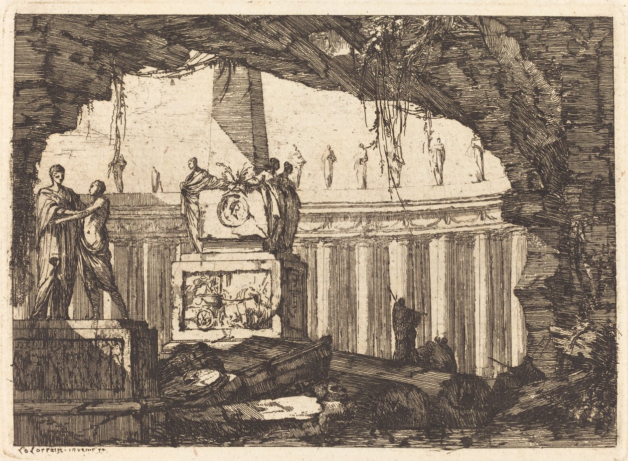 Architektonická fantazie s obeliskem a arkádou od Louis Joseph Le Lorrain