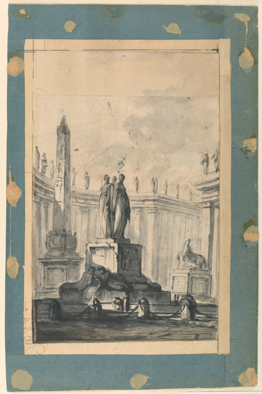 Kresba, Architektonická fantazie s kašnou a obeliskem, asi 1745 od Louis Joseph Le Lorrain