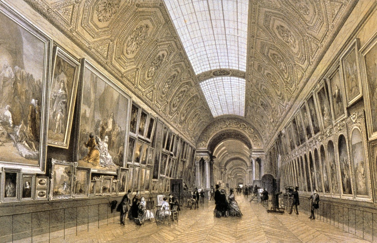 Velká galerie, muzeum Louvre, cca 1850 (kresba) od Louis Jules (after) Arnout