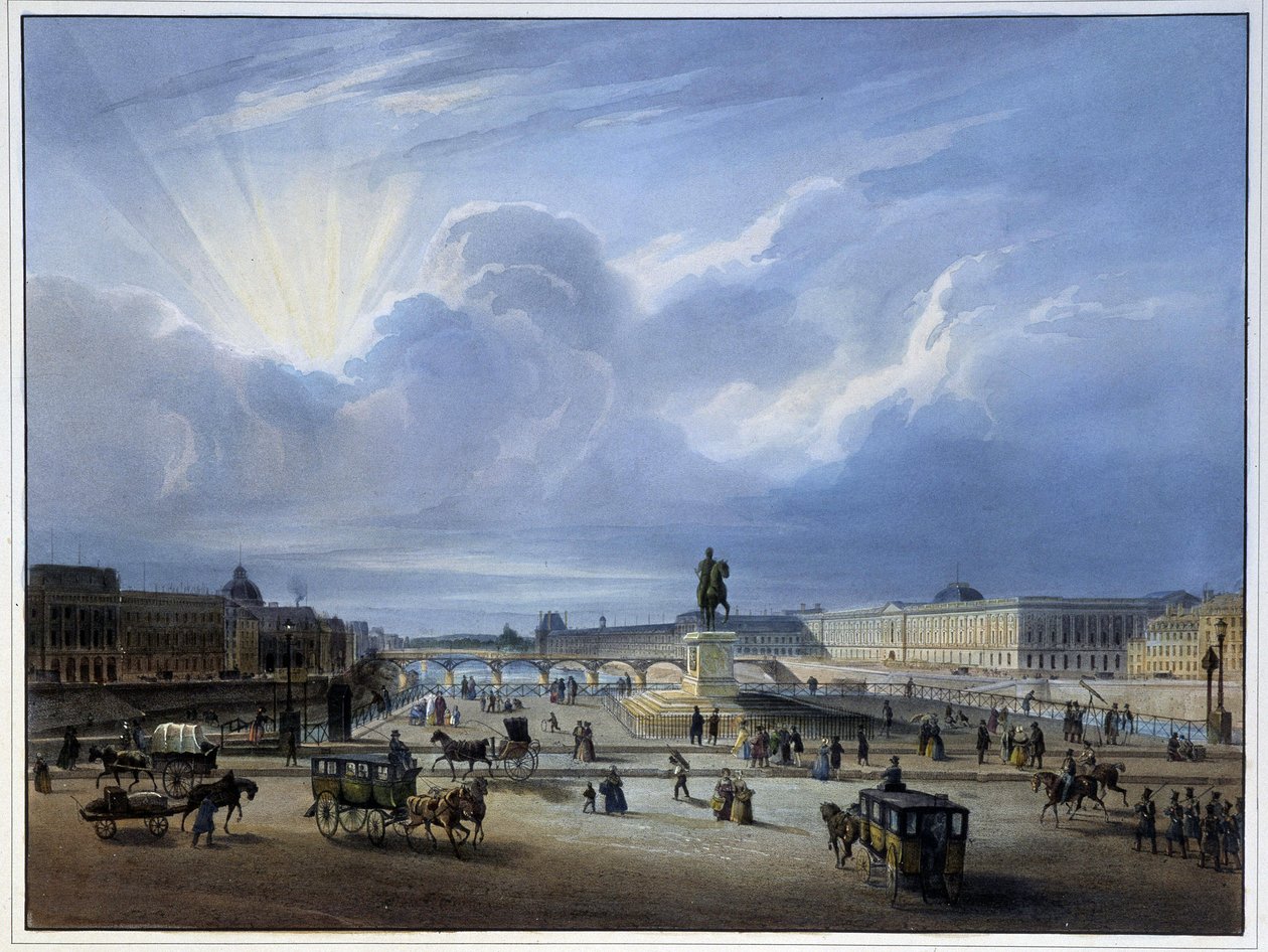 Celkový pohled na Louvre a sochu Jindřicha IV. – v „“Paříži v roce 1837““ od Arnouta od Louis Jules Arnout