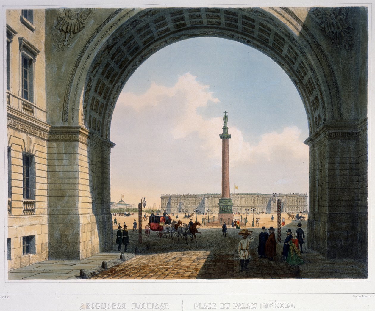 Palácové náměstí, pohled z oblouku hlavního armádního velitelství (Saint Petersburg) Litografie Louis Jules Arnout (1814-1868), kolorováno akvarelem, 25,2 x 33,5 cm, kolem roku 1840. Francouzské umění od Louis Jules Arnout