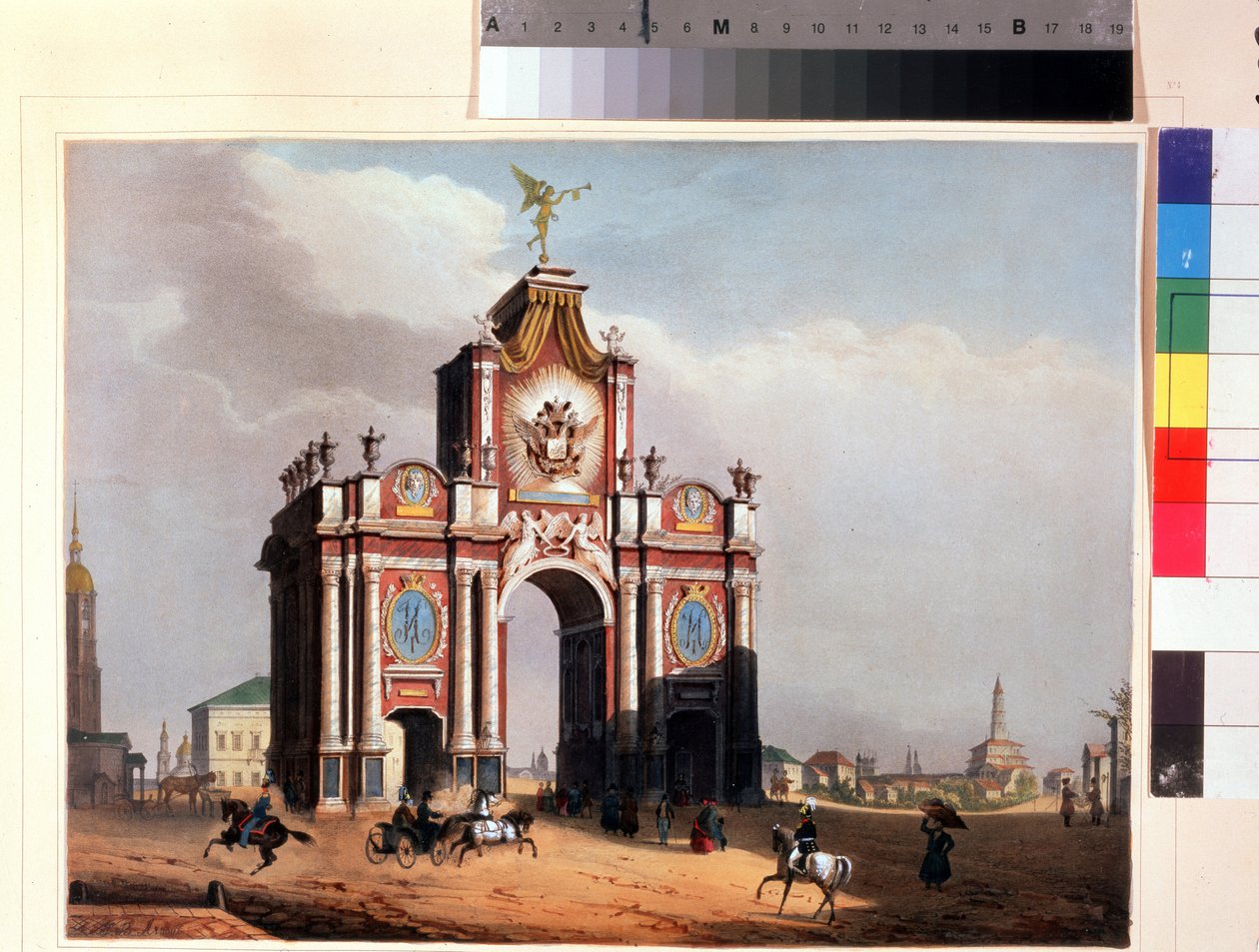 Rudá brána v Moskvě. Litografie Louis Jules Arnout (1814-1868), kolorovaná akvarelem, cca 1830. Francouzské umění, klasicismus. A. Pushkin Memorial Museum, Petrohrad. od Louis Jules Arnout
