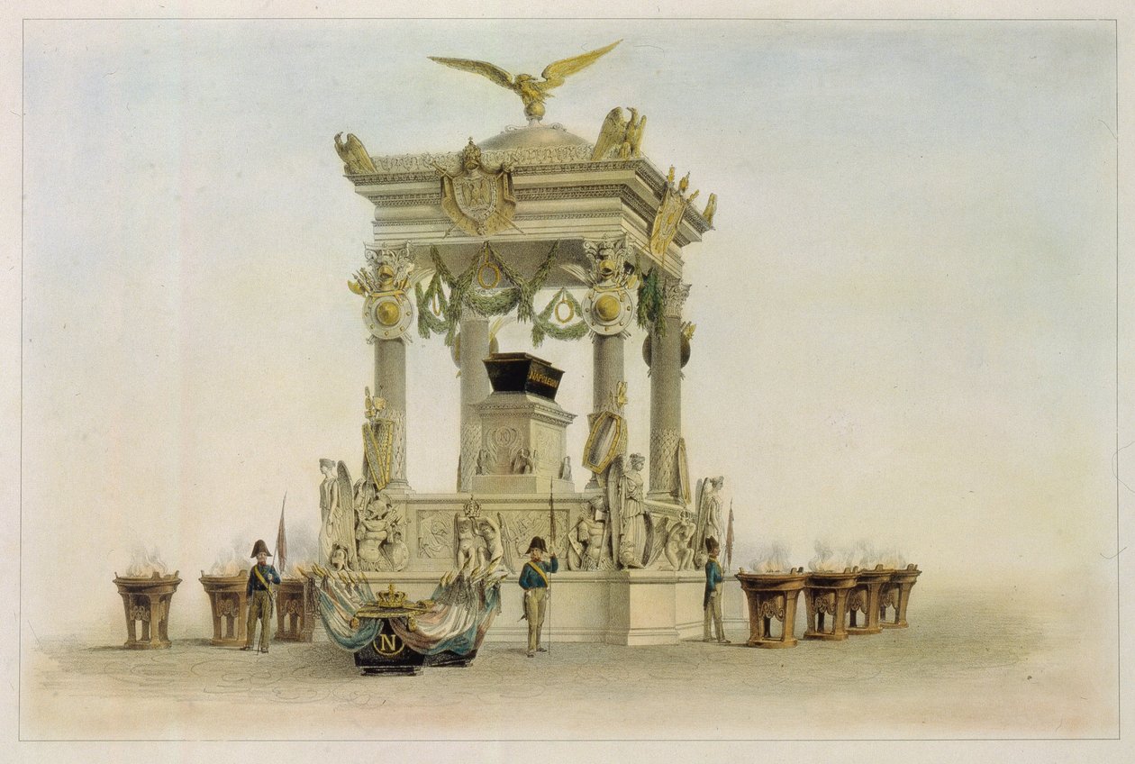 Rakev Napoleona I. Bonaparte (1769-1821) v kostele Invalidovna (Paříž, Francie). (Napoleonova rakev v kostele na Invalidovně). Dílo Louise Julese Arnouta (1814-1868), litografie a akvarel. Francouzské umění 19. století, klasicismus. od Louis Jules Arnout
