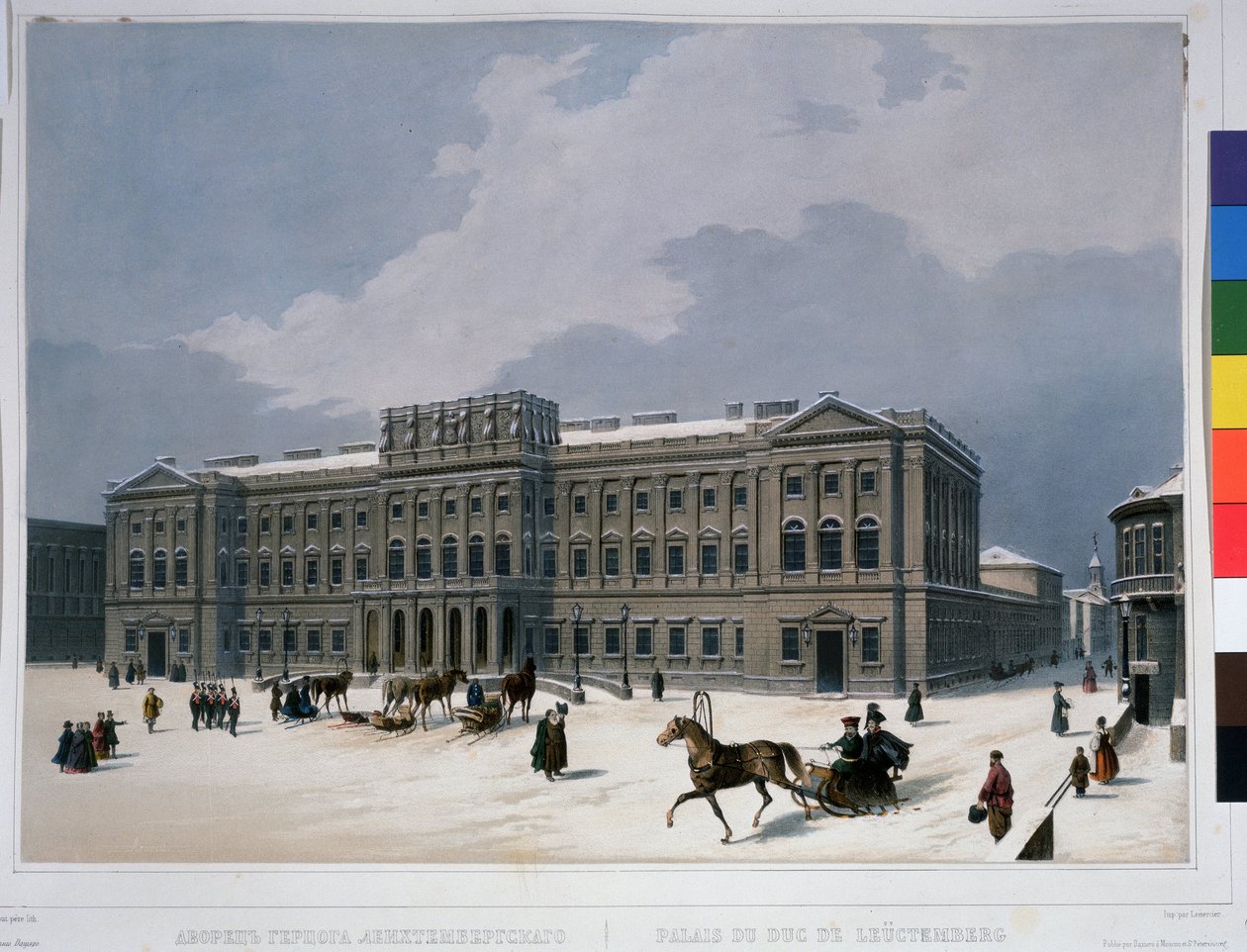 Mariinský palác na náměstí svatého Izáka v Petrohradě. Litografie Louis Jules Arnout (1814-1868), kolorovaná akvarelem, kolem 1840. Francouzské umění, klasicismus. A.Push od Louis Jules Arnout