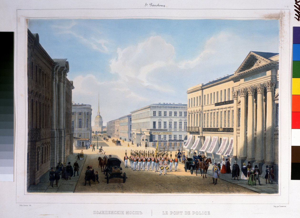 Policejní most v Petrohradě, při pohledu z Něvského prospektu ze Stroganovského paláce. Litografie Louis Jules Arnout (1814-1868), kolorovaná od Louis Jules Arnout