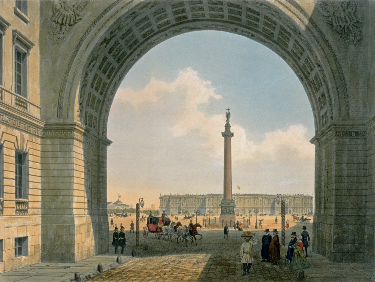 Palácové náměstí, pohled z oblouku velitelství armády, Petrohrad, tisk Lemercier, Paříž, 40. léta 19. století (barevně lito) od Louis Jules Arnout