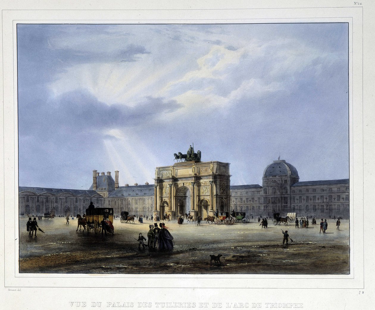 Tuilerijský palác a Vítězný oblouk Carrousel - v knize "Paříž v roce 1837", Arnout od Louis Jules Arnout