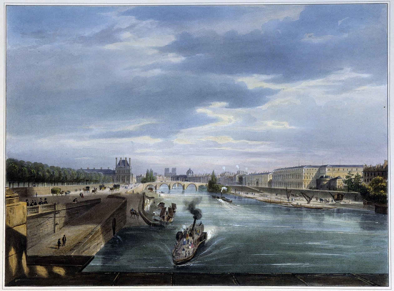 Pont du Carrousel et bateau steam - v „“ Paris en 1837“ od Arnouta od Louis Jules Arnout