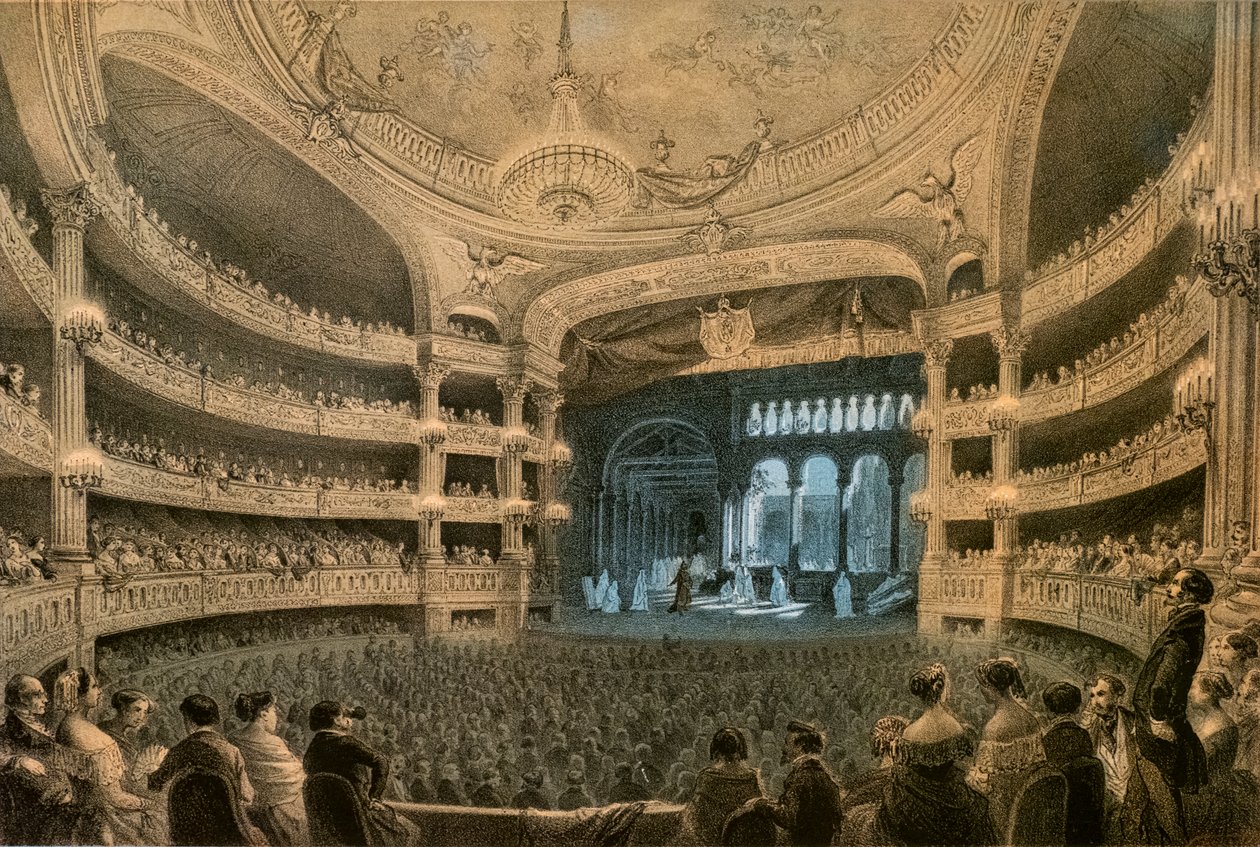 Imperiale Academy of Music, divadlo opery, během představení „Robert le Diable“ (1831). Barevná litografie. od Louis Jules Arnout
