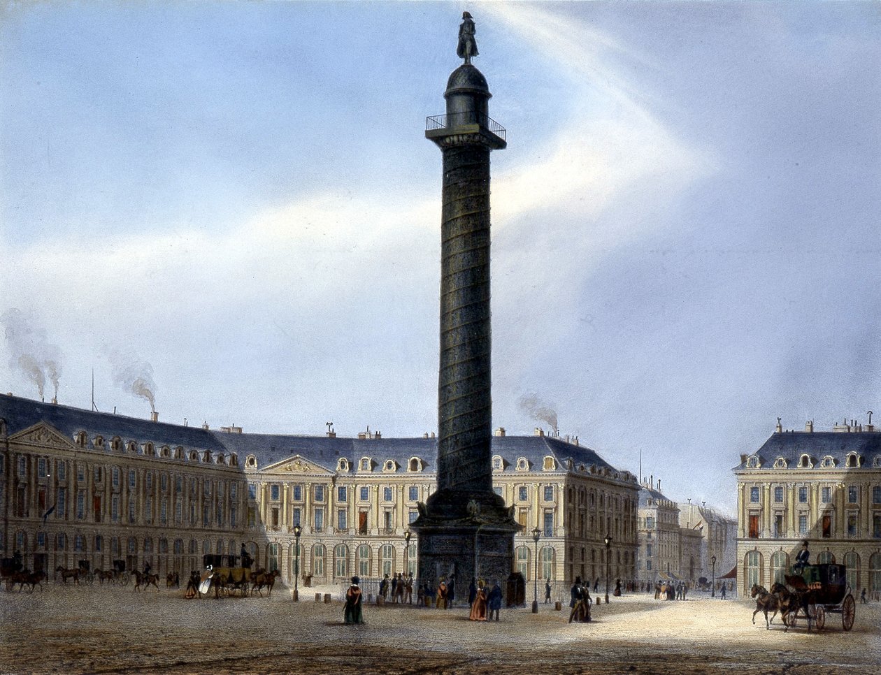 Pohled na sloup a náměstí Vendôme – v „“ Paris en 1837“ od Arnouta od Louis Jules Arnout