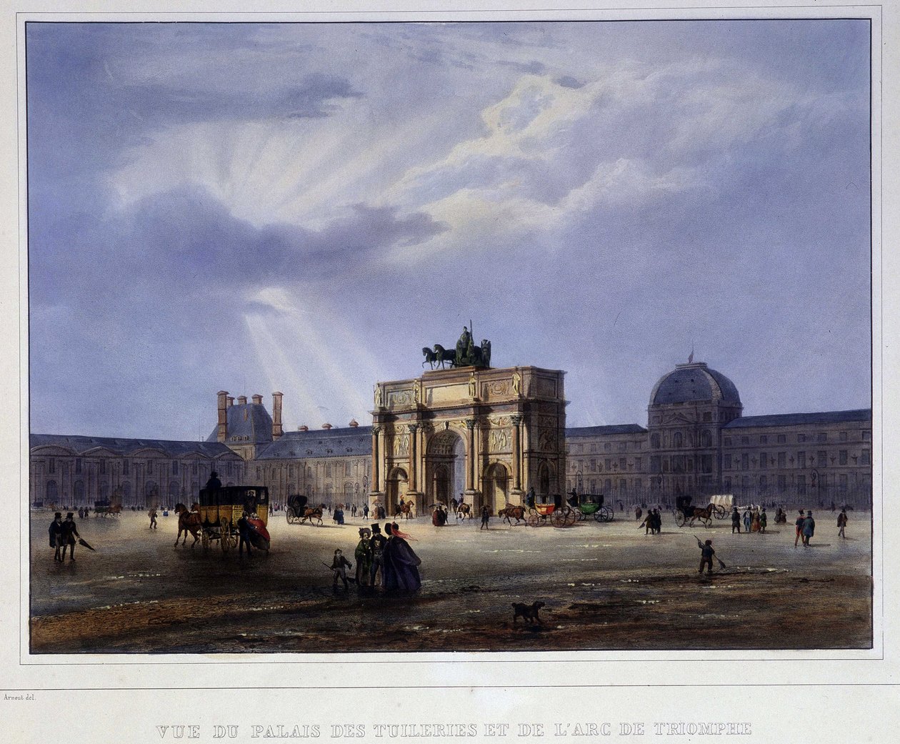Pohled na Tuilerijský palác a kolotoč - v knize "Paris en 1837", Arnout od Louis Jules Arnout