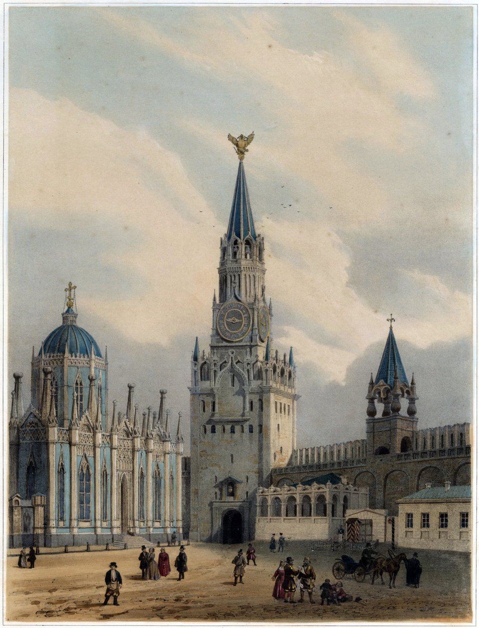 ""Pohled na věž Nejsvětějšího Spasitele (nebo Spasskaia Tower) a na Rudé náměstí, kreml, Moskva"" (Spaská věž (brány Spasitele) a klášter Nanebevzetí svaté Kateřiny v moskevském Kremlu) Litografie od Louise Jules Arnout (1814-1868) - 1 od Louis Jules Arnout