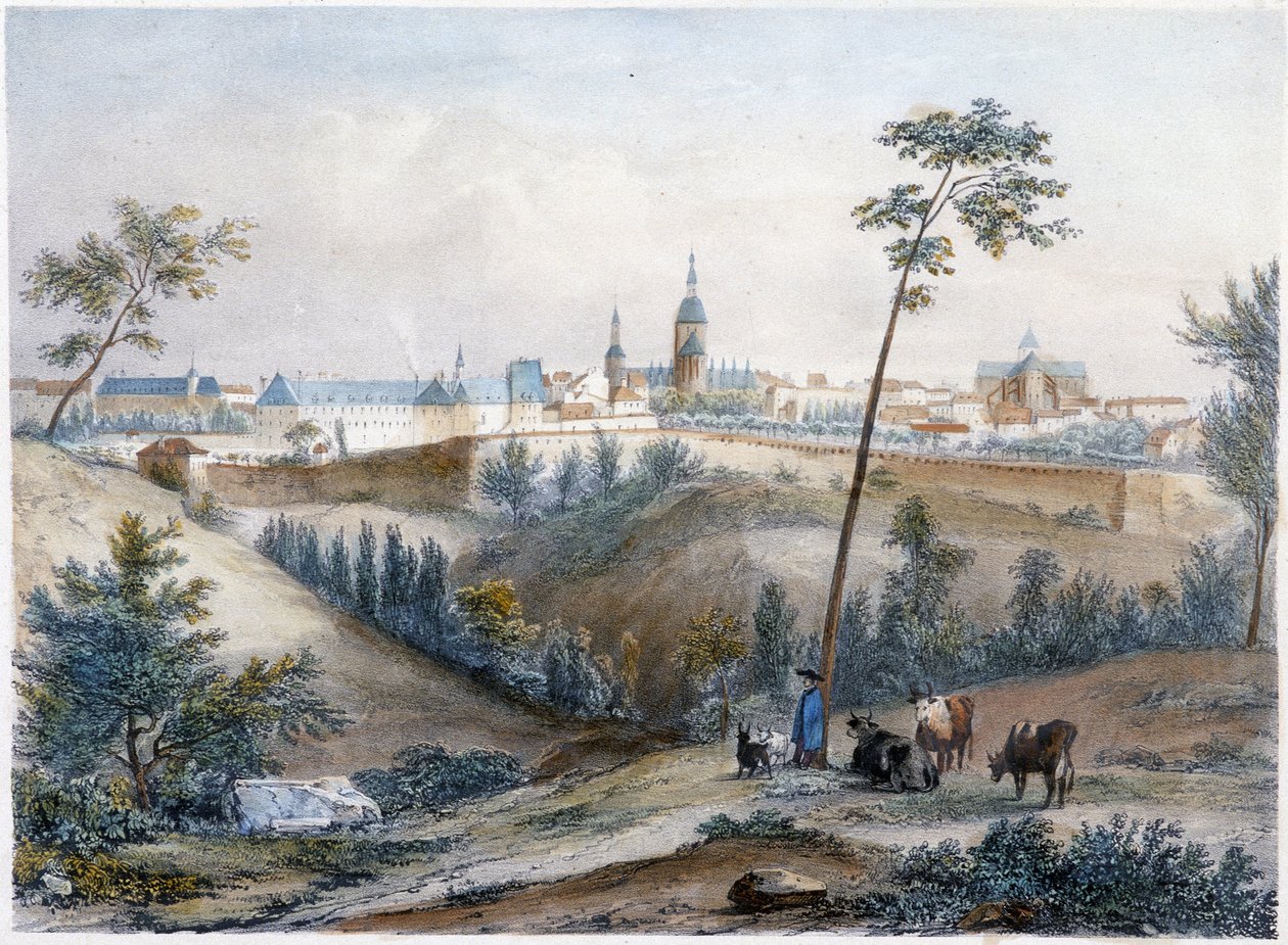 Bouvier na bretaňském venkově (Dinan v dálce) - litografie Jacottet a Benoist od Louis Julien Jacottet
