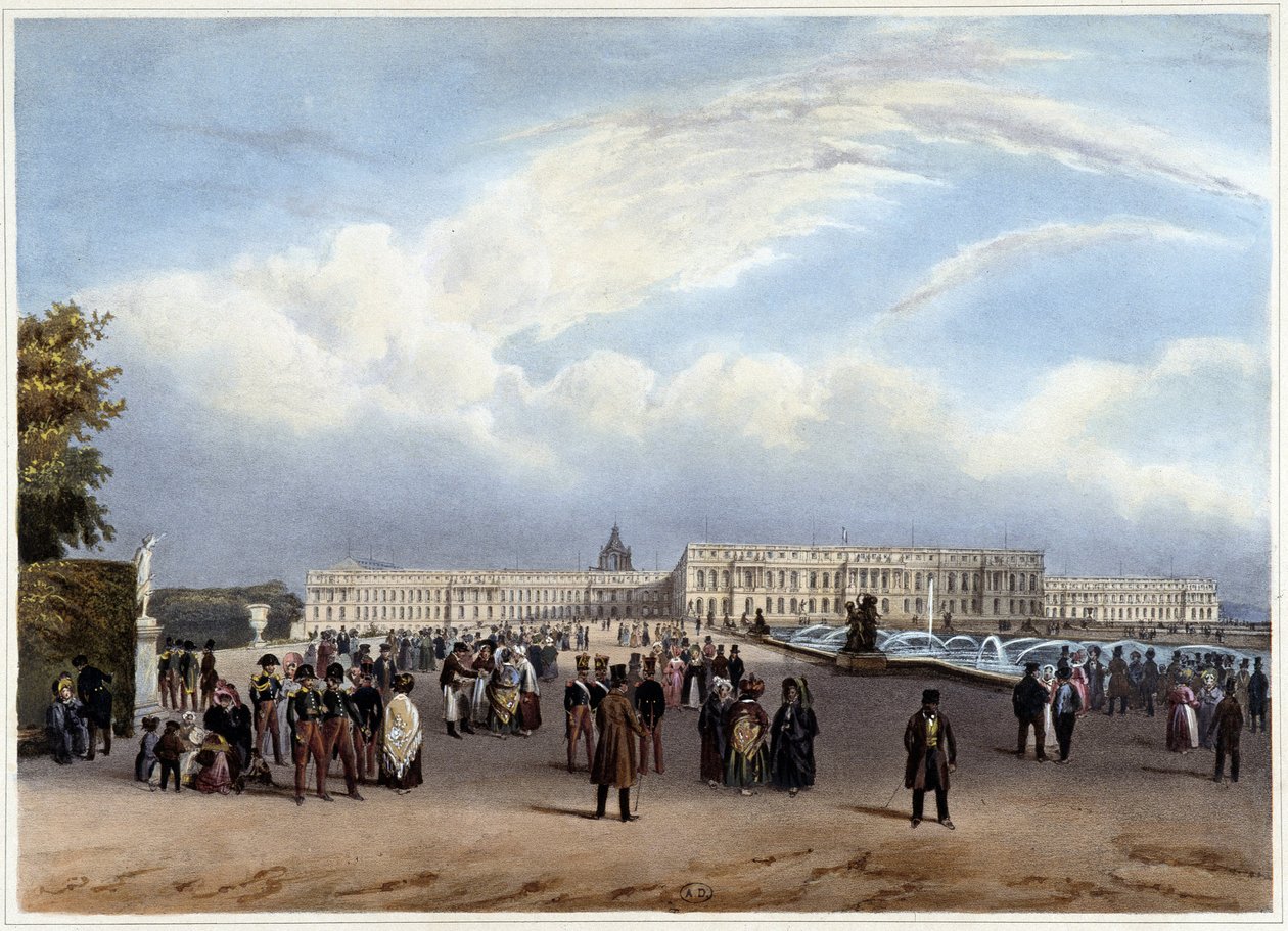 Celkový pohled na fasádu zámku ve Versailles - v „Promenade dans Paris et ses environs“, navržený Jacottetem a Benoistem, c. 1840 od Louis Julien Jacottet