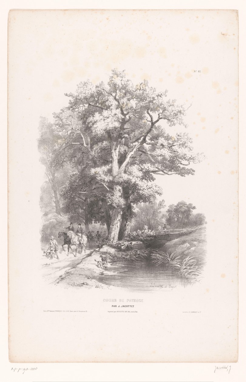 Lovci se psy podél příkopu v lese Kurz kreslení krajiny (název série) Cours de Paysage (název série na objektu) od Louis Julien Jacottet
