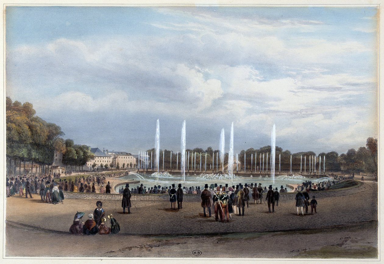 Parc de Versailles: Dračí vodní kousek - v „Promenade dans Paris et ses environs“, navržený Jacottetem a Benoistem, c. 1840 od Louis Julien Jacottet