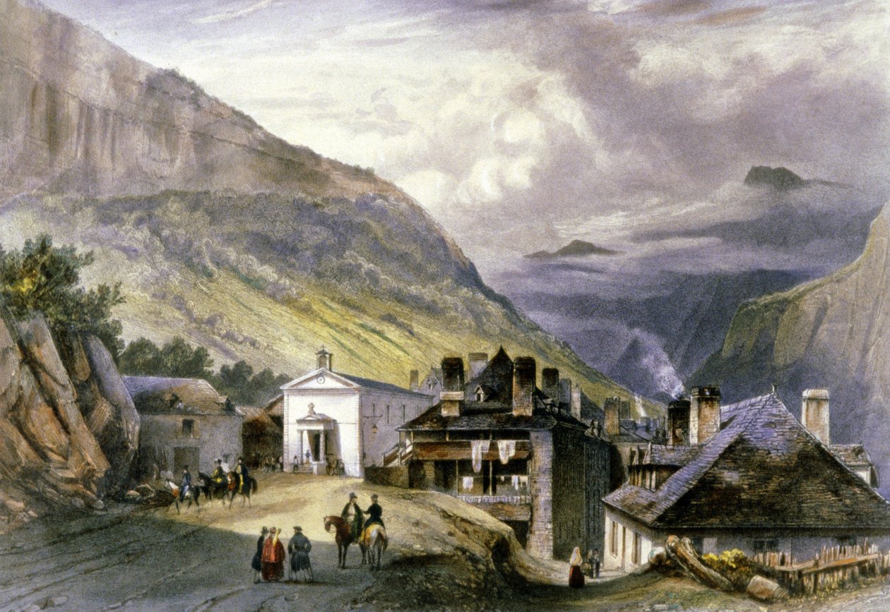 Vesnice Eaux chaudes, asi 1850 (litografie) od Louis Julien Jacottet