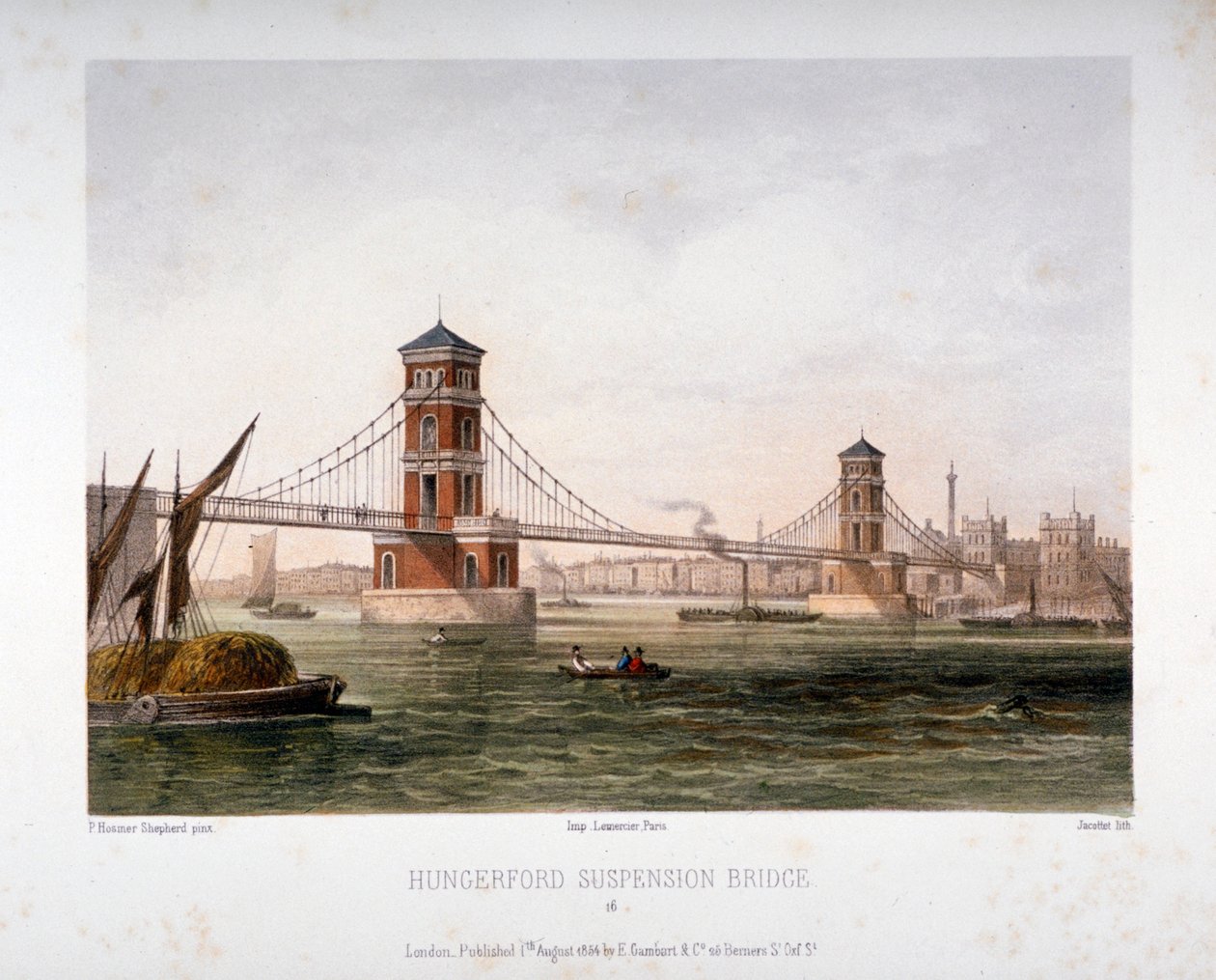 Pohled na Hungerford Bridge z východu, Londýn, 1854. od Louis Julien Jacottet