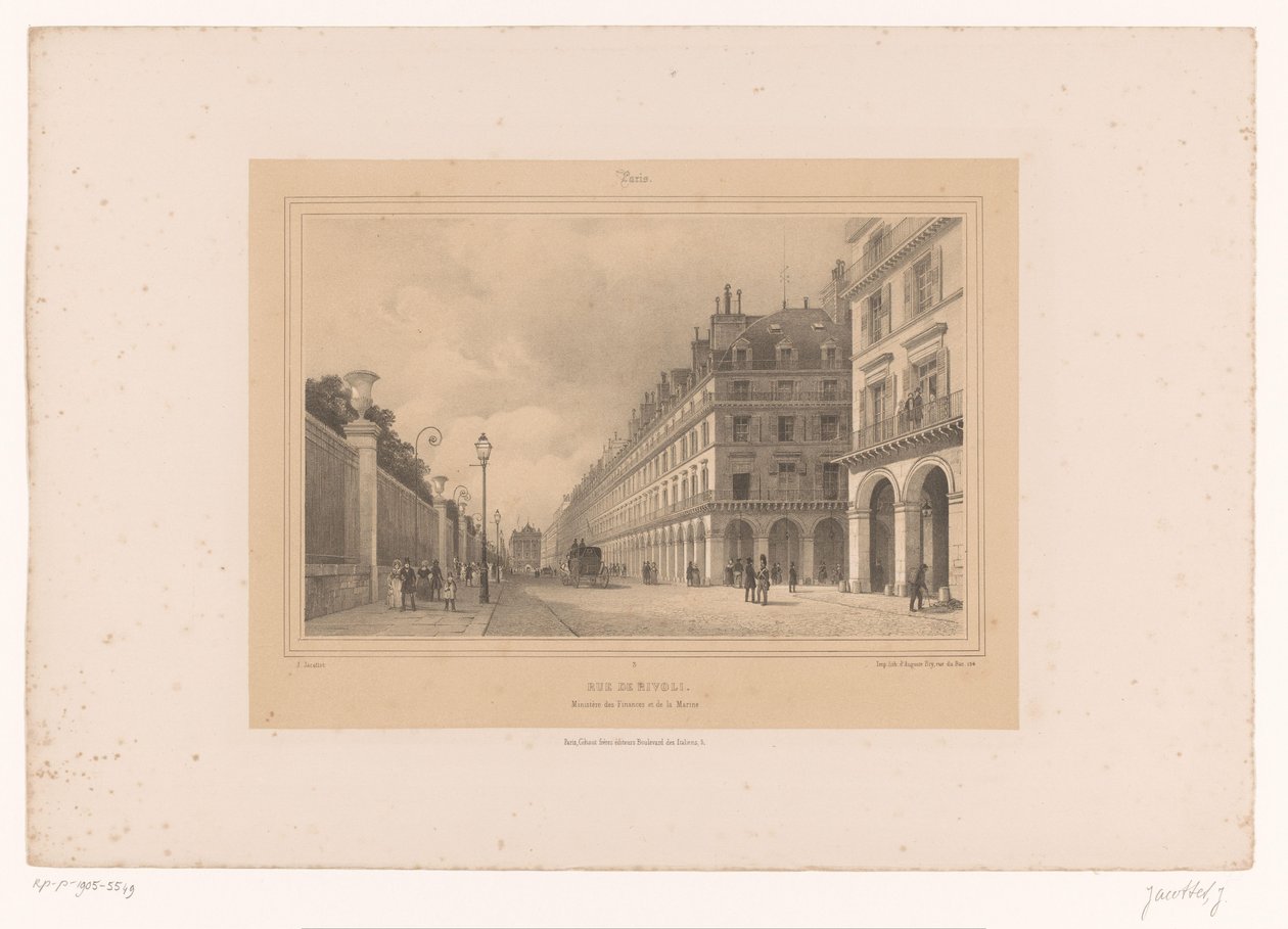 Pohled na Rue de Rivoli Rue de Rivoli. Ministère des Finances et de la Marine (název na objektu) Tváře v Paříži a okolí (název série) Paris (název série na objektu) od Louis Julien Jacottet