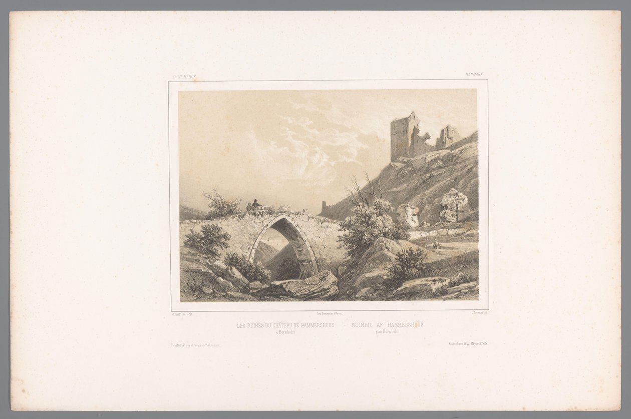 Pohled na zříceninu hradu Hammershus Les ruines du Château de Hammershuus / Ruiner af Hammershuus (název na objektu) Tváře ve Skandinávii (název série) Vues du Nord. Danemarck (název série) od Louis Julien Jacottet