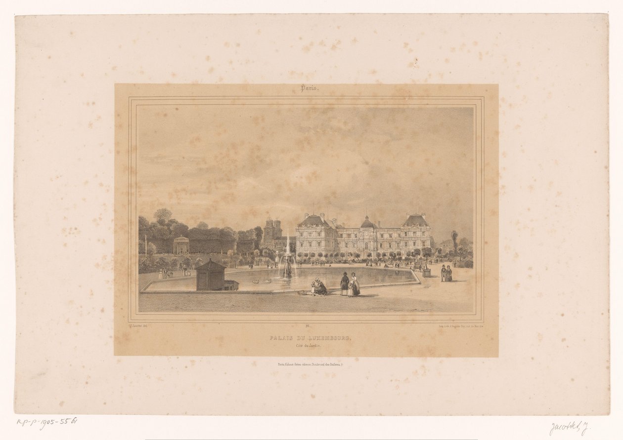 Pohled na Lucemburský palác z Jardin du Luxembourg Palais du Luxembourg, Côté du Jardin (název na objektu) Gezichten in en om Paris (název série) Paris (název série na objektu) od Louis Julien Jacottet