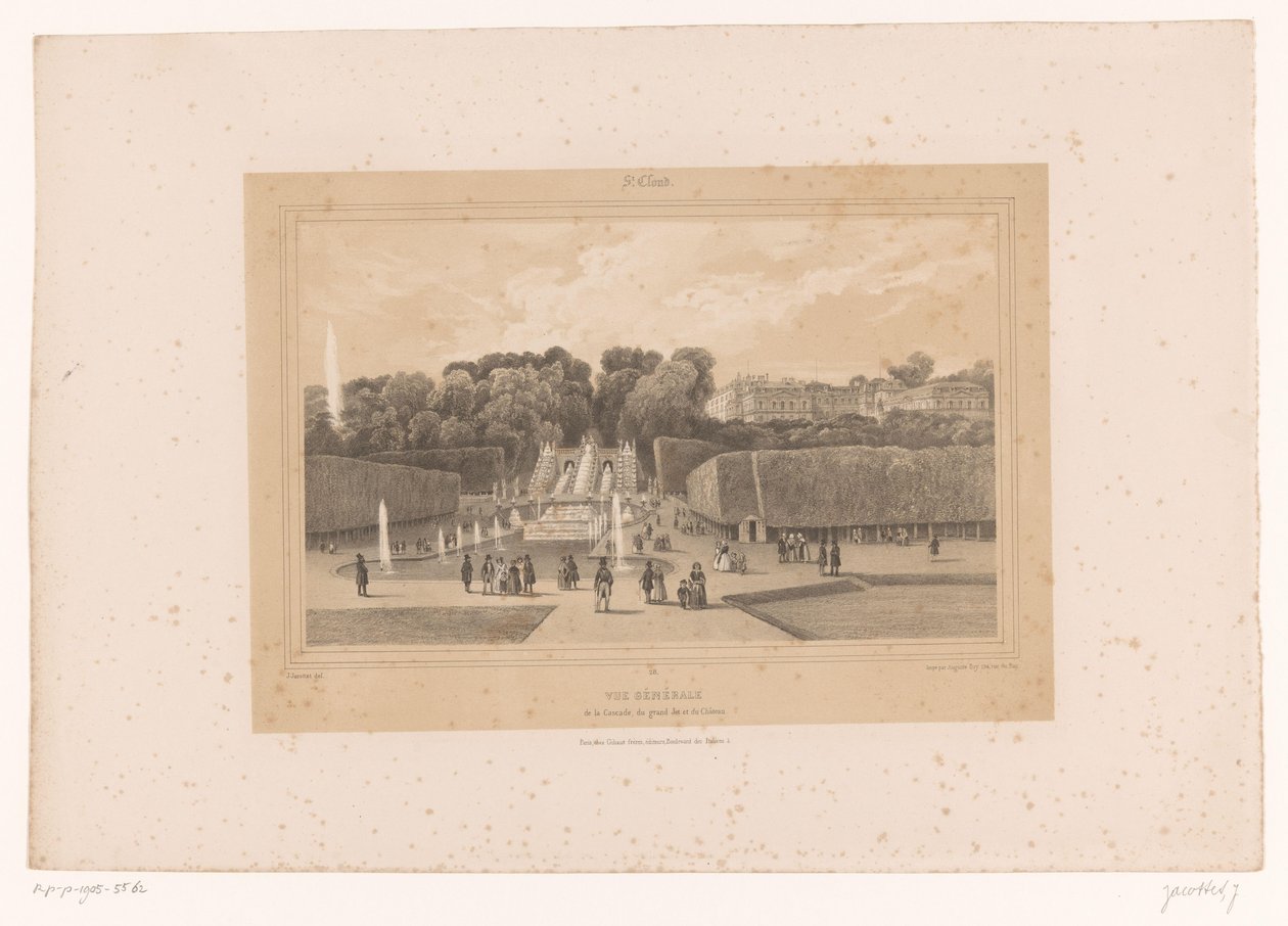Pohled na hrad Saint-Cloud v parku Saint-Cloud Vue generale de la Cascade, du grand Jet et du Château (název na objektu) Tváře v Paříži a okolí (název série) St. Cloud (název série na objektu) od Louis Julien Jacottet