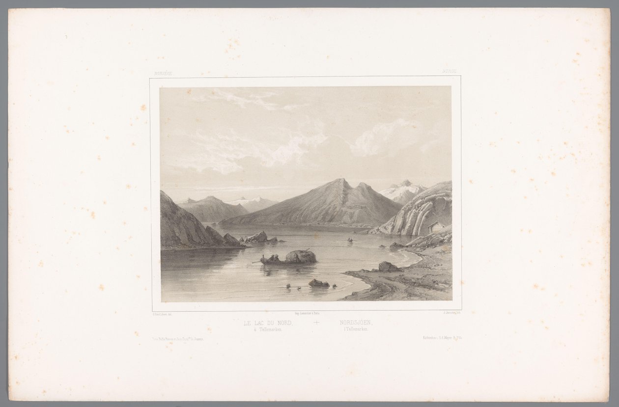 Pohled na jezero Norsjø v Telemarku Le lac du Nord à Tellemarken / Nordsjóen i Tellemarken (název na objektu) Tváře ve Skandinávii (název série) Vues du Nord. Norvege (název série) od Louis Julien Jacottet