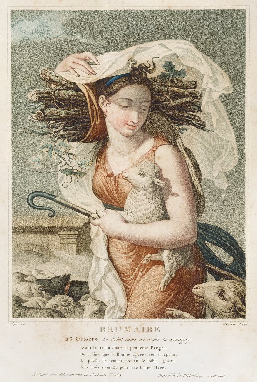 Brumaire (říjen listopad), druhý měsíc republikánského kalendáře, vyryl Tresca, francouzsky, kolem roku 1794 (rytina) od Louis Lafitte