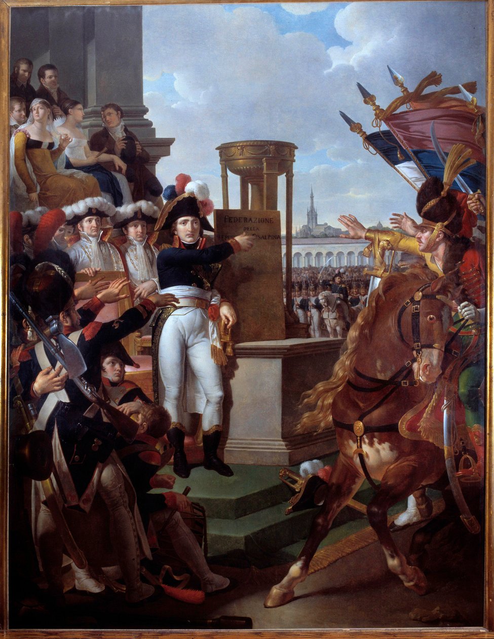 Napoleon Bonaparte (1769-1821) vyhlašuje v Miláně Cisalpinskou republiku 7.9.1797 Obraz Louis Lafitte (1770-1828) 1797 Ne. 2,52 x 3,34 m. Ostrov Aix, Napoleonské muzeum od Louis Lafitte