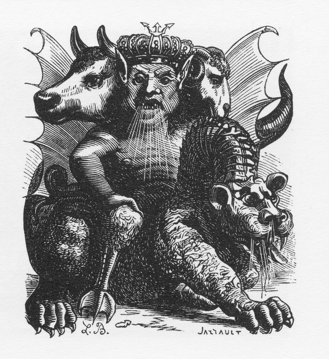 Asmodee démon z Bible - Asmodeus nebo Ashmedai král démonů - v „Pekelném slovníku““ od Collina de Plancy - rytina L. Bretona. Paříž od Louis Le Breton