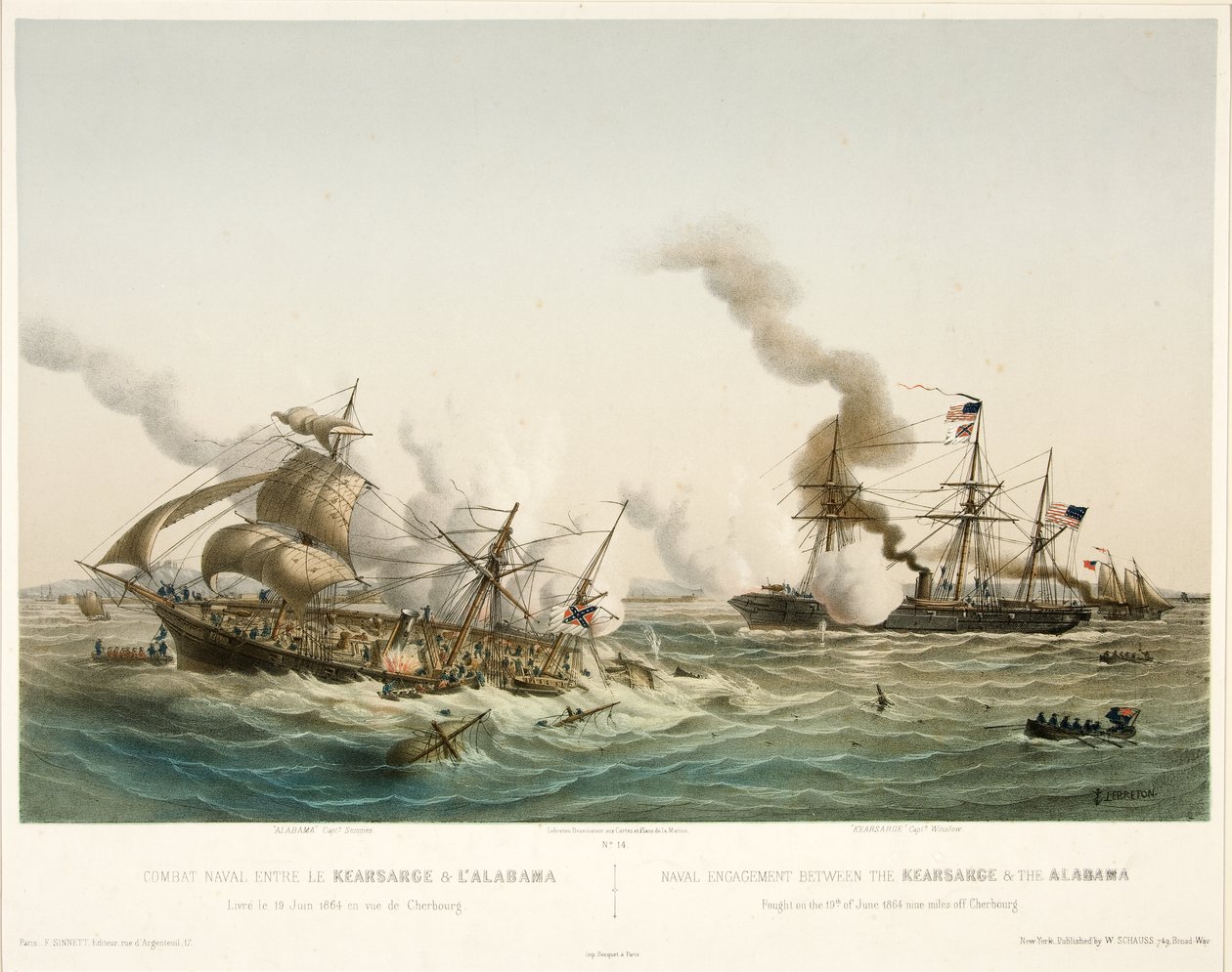 Combat Naval entre le Kearsage & l?Alabama, pub. 1864 (barevná litografie) od Louis Le Breton
