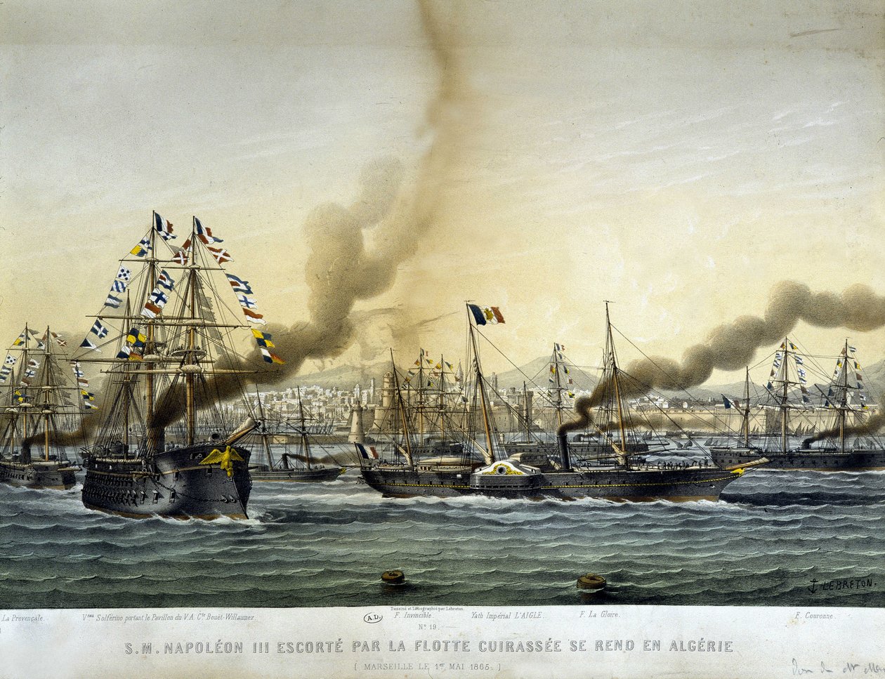 Napoleon III v doprovodu flotily Battlessee šel do Alžírska v září 1860, rytina 1865. od Louis Le Breton
