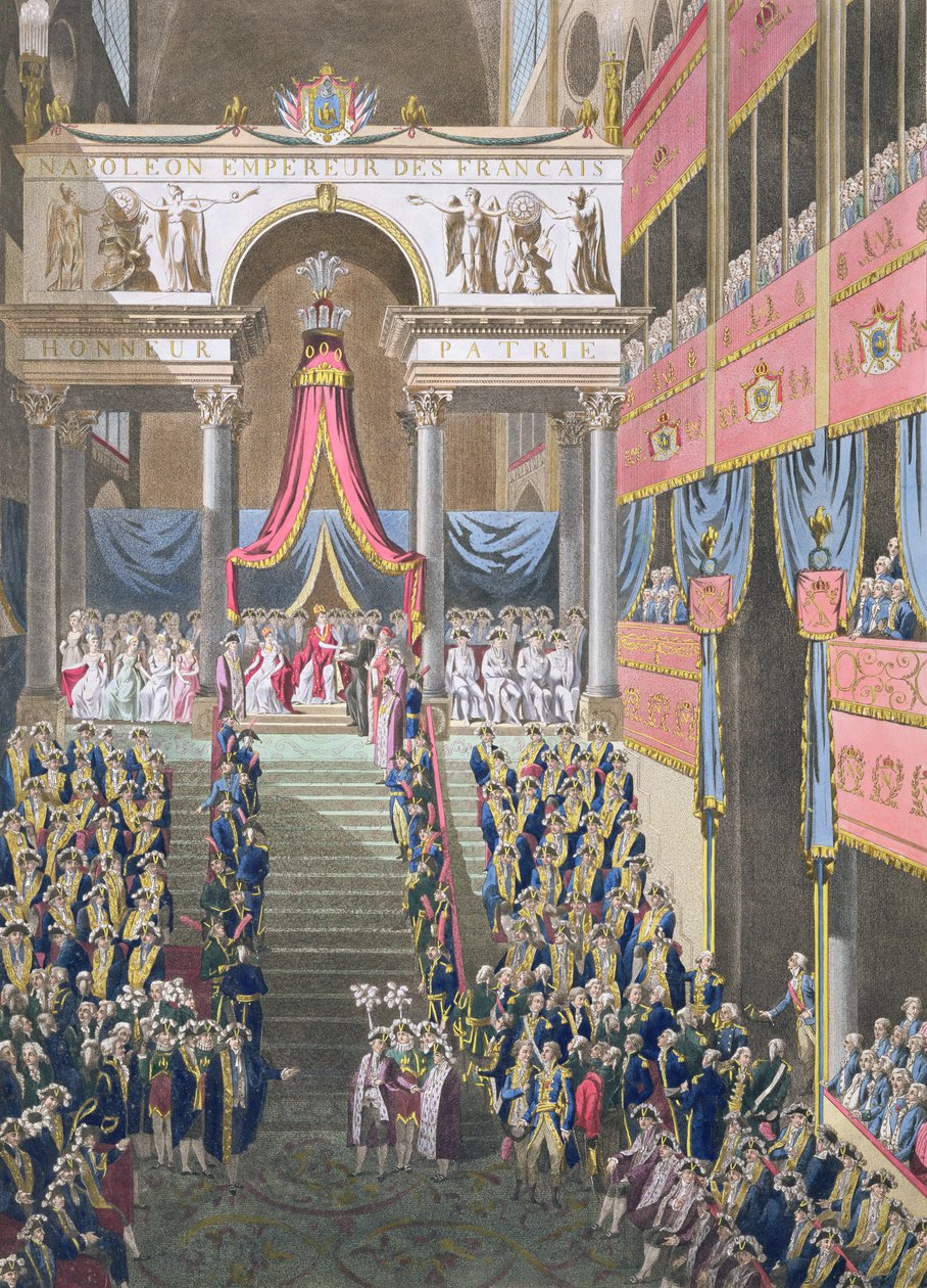 Posvátný svátek a korunovace jejich imperiálních veličenstev, císař vyhlašuje přísahu konstituce v katedrále Notre Dame, vydanou 1806 (ručně tónovaná rytina) od Louis Le Coeur